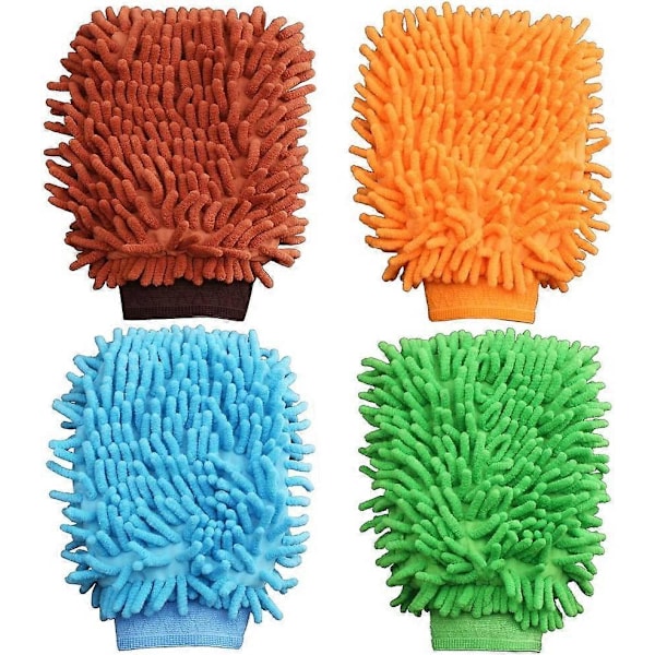4 stk. Bilvaskehandske, dobbeltsidet mikrofiber bilvaskehandske superabsorberende mikrofiberhandsker mikrofiberklud til bilrengøring husholdningsrengøring Ran