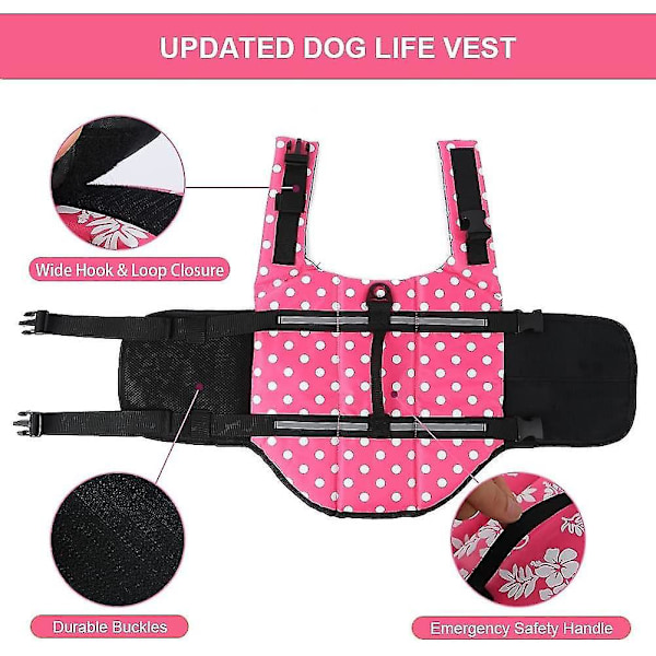 Reflective Adjustable Dog Life Jacket with Enhanced Buoyancy and Rescue Handle L Pink Dot