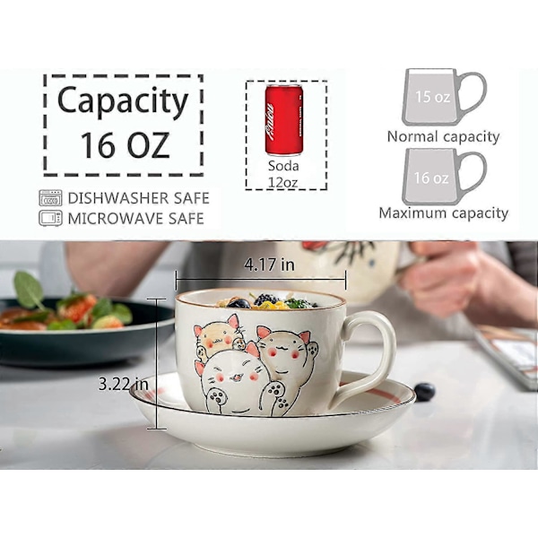 Søt Keramisk Kaffekopp 473 ml med Håndtak Kawaii Kopp Keramikk Melk Latte Krus for Kontor og Hjem Håndmalt Mønster (Lykke Katt)