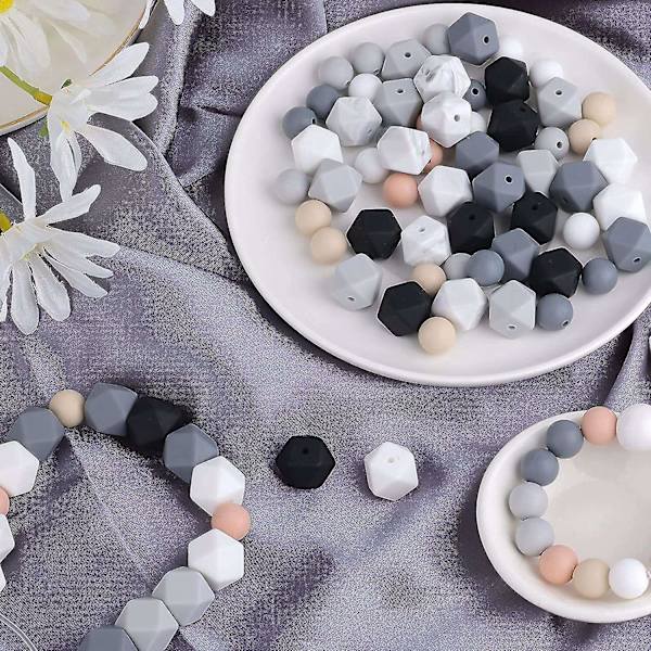 Silikonperle Bulk Kit for smykkefremstilling - 100 stk runde og sekskantede perler