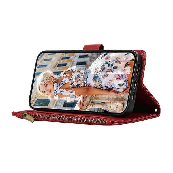 Compatible Case for Samsung Galaxy A56 5G, Multi-Slot, Zipper, Leather Case with Wrist Strap Red
