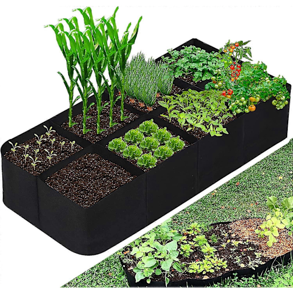 Hevet plantekasse i stoff, 484 liter 8 ruter Planteposer, 90x180cm Pustende plantekasser for dyrking av grønnsaker poteter blomster, rektangel