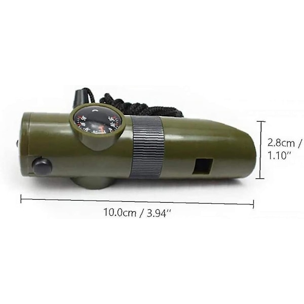 Visselpipa, 7-i-1 Multifunktionell Överlevnadsvisselpipa Nödvändighetsverktyg med Termometer Kompass LED-lampa Förstoringsglas Spegel för Camping Vandring Utomhus (Grön)