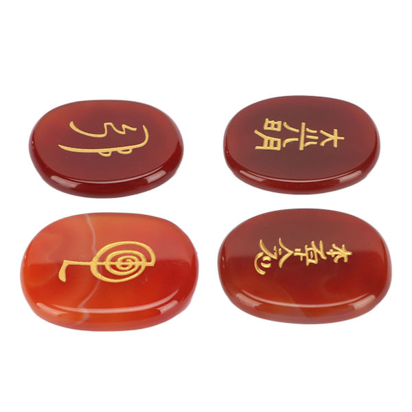 4 stk naturlige runesten med indgraverede Reiki-symboler Flade ovale meditationsrunesten med opbevaringspose Rød agat