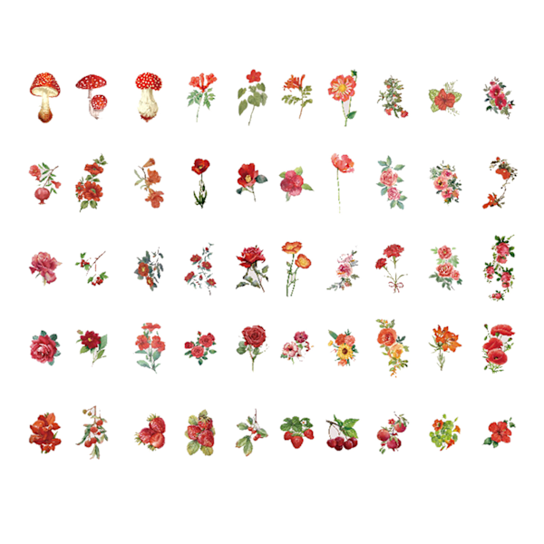 100 stk naturlige blomsterklistremerker for utklippsbok, selvklebende utklippsbok-klistremerker, forsyninger, journal for kortlaging, bokstaver, DIY, rød