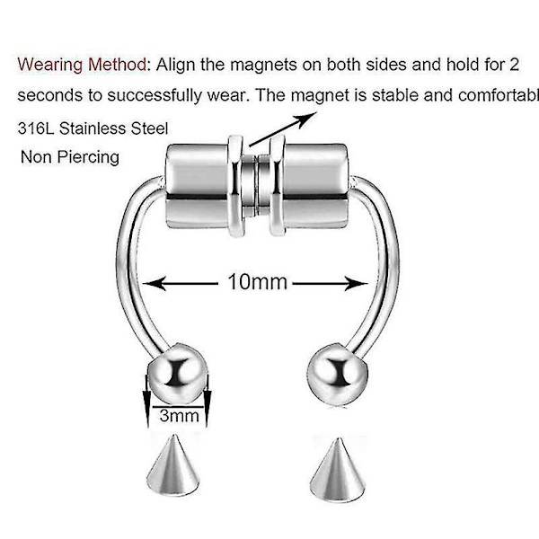Magnetisk, icke-hålig, falsk näsring i rostfritt stål, 5 set