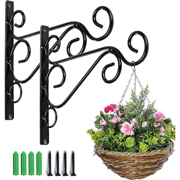 2 st Järn Växt Hängare Väggkrokar, Hängande Korgfästen Smidesjärn Fäste för Lykta Planteringskärl Blomhängare Staket (Svart)