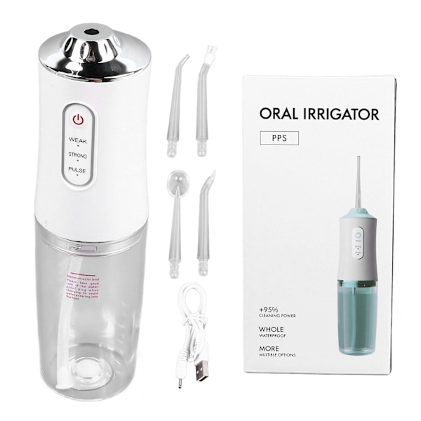 Elektrisk Tandtråd Vit Bärbar Hög Effektivitet med 4 Utbytbara Munstycken Puls Laddningsbar Vattentråd Oral Irrigator för Munhälsa