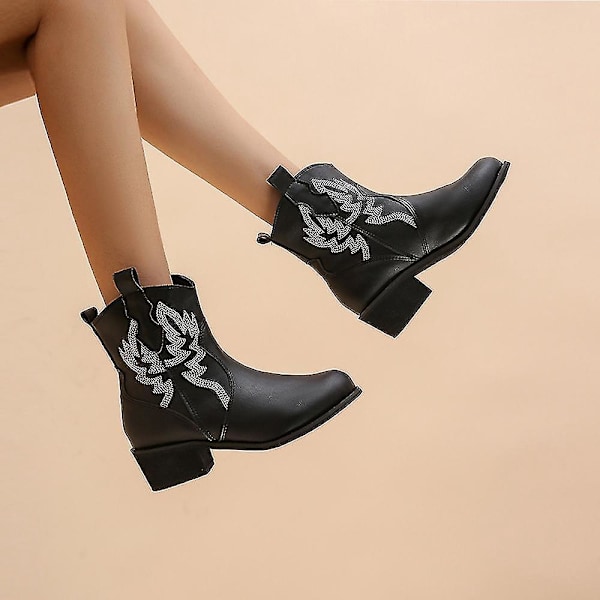 Casual Mid Heel Wide Width Women's Cowboy Ankle Bootie Shoes38 Black