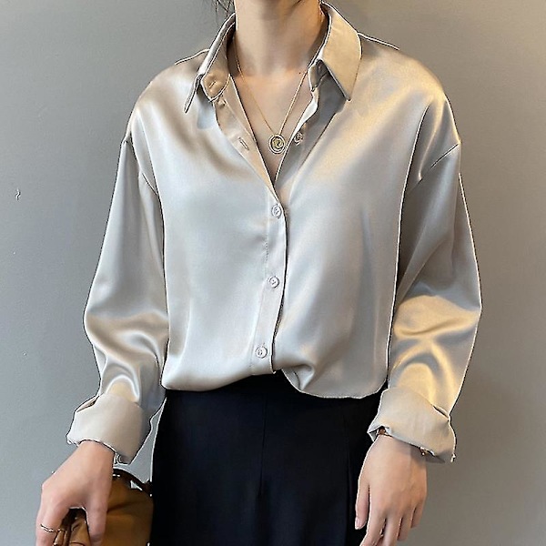 Satin Silke Knappet Bluser i Hvid - Efterårsmode Lange Ærmer khaki XXL