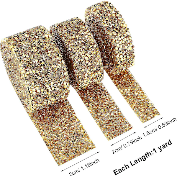 Kristall Strass Självhäftande Band - 3 Yards Bling Rulle Band, 3 Rullar i Olika Storlekar Guld