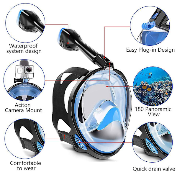 180 Graders Full Face Snorkelmaske Anti-Dugg Anti-Lekk Voksen Snorkling Utstyr med Siste Tørr Topp Pustesystem S/M