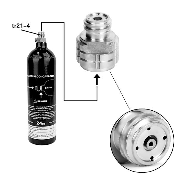 CO2-sylinterin täyttöadapteri naaraskierre G1/2 uroskierteeseen TR21-4 SodaStream Soda Clubille (hopea)