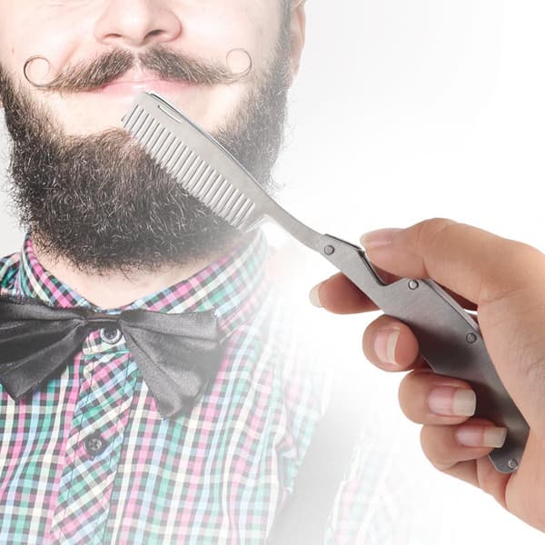 Bärbar skäggkam i rostfritt stål, bärbart hopfällbart mustaschverktyg, flasköppnare