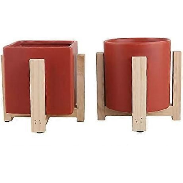 Set med 2 keramiska blomkrukor med träställ - Modern - Inomhus och utomhus - Röd (Fyrkantig)