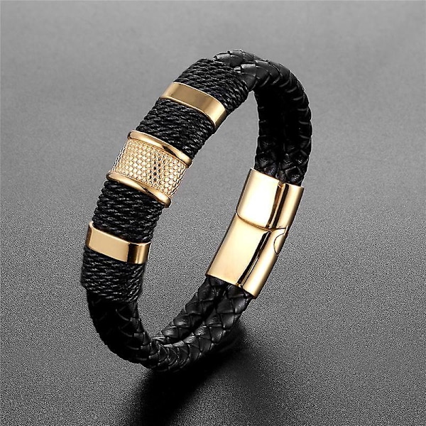 Mænds Premium Sort Læderarmbånd med Guld Magnetisk Rustfrit Stål Spænde