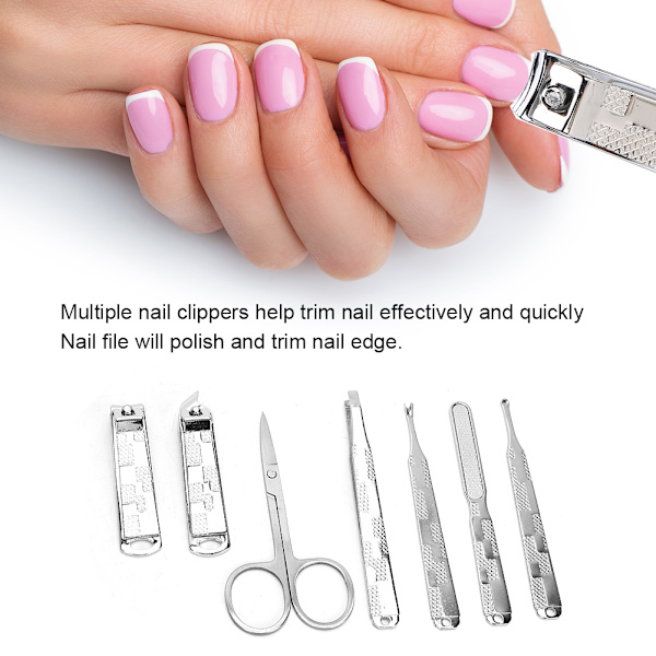 7-delad portabel nagelklippare, ögonbrynssax, död hudskjutare, nagelfil, manikyrverktyg