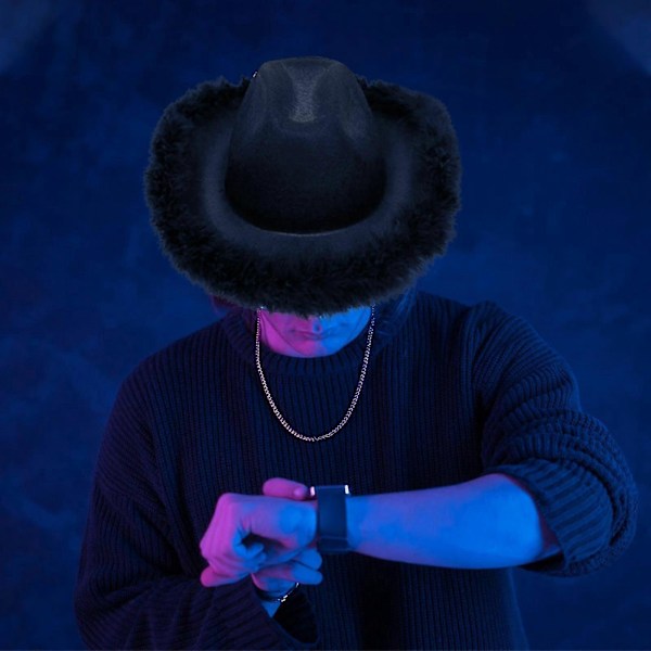Cowgirlhatt med Fjäderboa Fluffig Fjäderkant Vuxenstorlek Cowboyhatt för Möhippa (Svart)