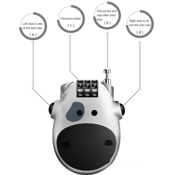 Kabel lås tegneserie ko cykel lås hjelm lås rejse bagage lås slæde lås med indtrækkeligt stålkabel