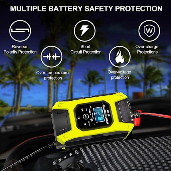 Smart Batterioplader 7A/12V Bærbar Hurtig Motorcykeloplader med LCD-skærm Beskyttelse Reparationstilstand til Bil Motorcykel Auto Gul