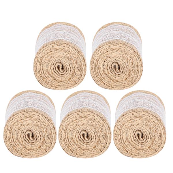 5 st Burlap Band Spets Linne Rulle Jute Bälte DIY Handgjord Hessian Rem Dekorationer (Vit)