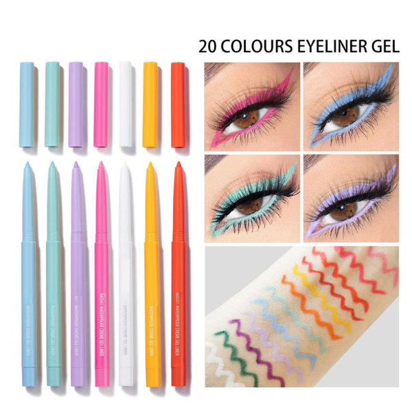 20 stk Fargerike Gel Eyeliner Blyantsett Fargede Eyeliner Langvarig Vanntett, flekkersikre Øye Sminke Eyeliner for kvinner