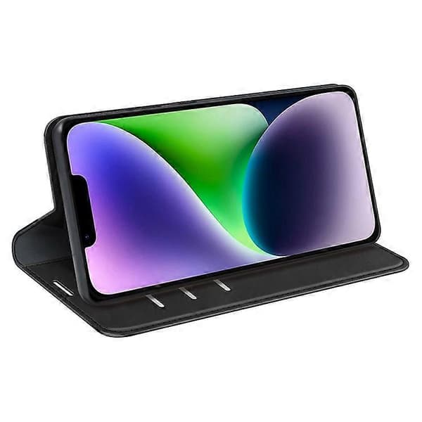 Kompatibel med iPhone 15 Ridsefast PU-læderpungcover med stativfunktion Black