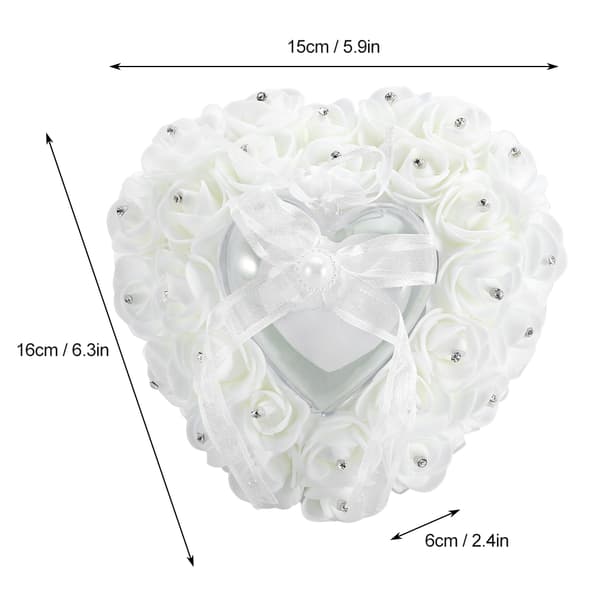 Romantisk hjerteformet gifteringboks Rose Rhinestone dekor ringpute (hvit)