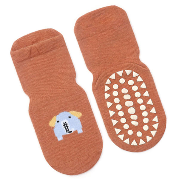 1 par barnsockor orange söt elefantmönster kammad bomull varma halkfria golvsockor för inomhus L (3 till 5 år gamla)