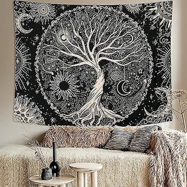 Livets Træ Tapet Måne og Sol Sort Psykedelisk Vægophæng Stjerne Mandala Hippie Vægdekoration til Soveværelse Kollegie Fest (150x200cm)