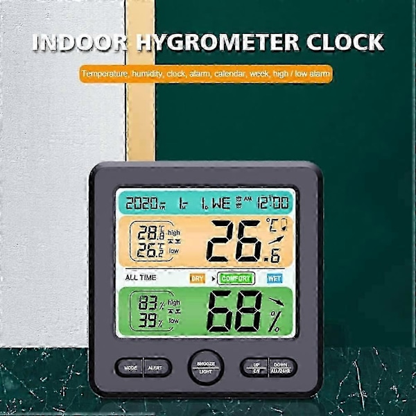 Hygrometer klocka termometer för hemmet digital klocka inomhus luftfuktighetsmätare fuktmätare hydrometer humidistat bordsmodell temperaturmätare inomhus tem