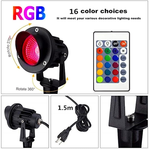COB-landskapsstrålkastare RGB färgglad belysning med jordspik fjärrkontroll utomhusstrålkastare för trädgård gård gräsmatta