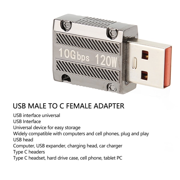 USB3.0 han til type C hun-adapter Op til 10Gbps 120W Hurtigopladning 6A Type C til USB-adapter til bærbar pc Power Bank