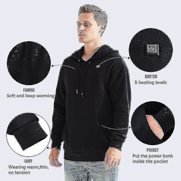 USB-oppvarmede hettegensere for menn og kvinner - Svart ull tykke vinterhettegensere med bomull, glidelåslomme - Høst/vinter casual oppvarmede hettegensere