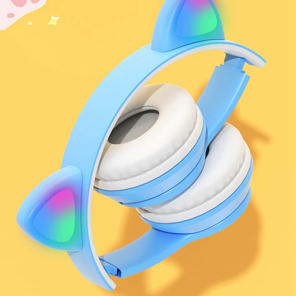 Trådløst headset sød katteform HiFi lydkvalitet lysende stereo Bluetooth hovedtelefoner til hjemmekontor lyseblå