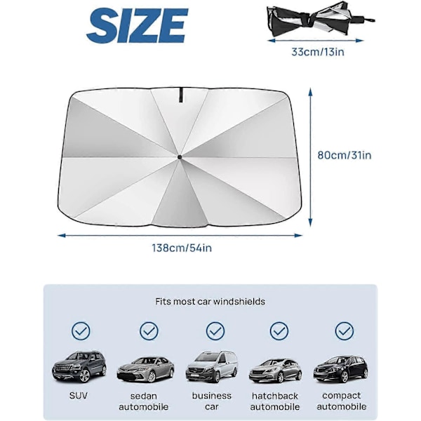Solskydd för bilens framruta, praktiskt hopfällbart anti-UV solskydd paraply universal för de flesta bilar, 138*80CM