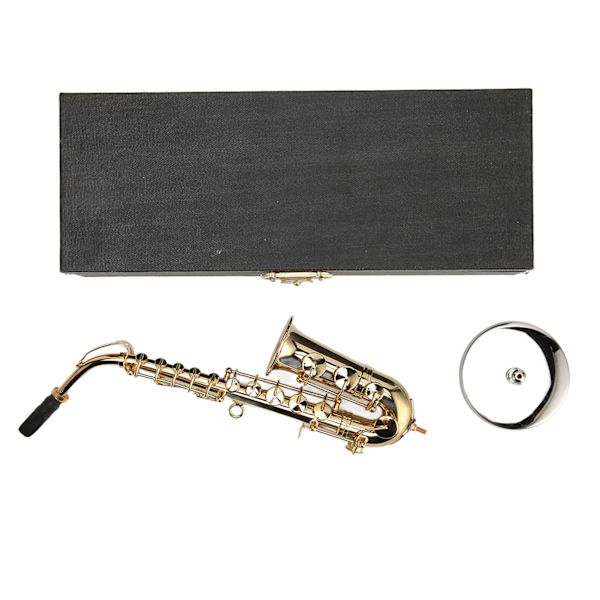 Mini altsaxofon prydnadsdekoration Handgjord miniatyrsaxofon med stativ Tiny altsaxofon dockhus 16 cm