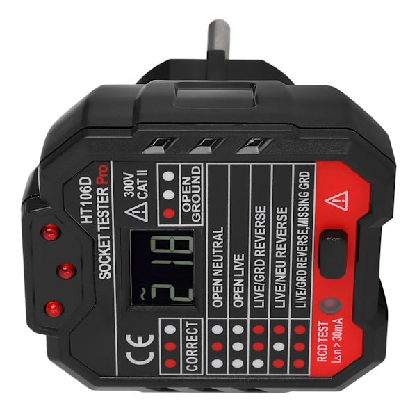 HT106D Digital Display Socket Detector Bærbar Fase Strøm Polaritet Tester EU Plugg 110-220V