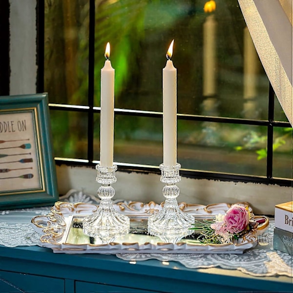 2025 Lämpligt Kristallglas Ljusstakar Set om 2, Dekorativ Ljusstake Klart Glas Avsmalnande Ljusstake