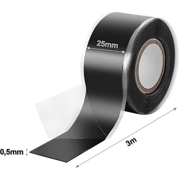 1x 3m itsesulautuva (itsekiinnittyvä) silikoniteippi, eristysteippi ja tiivistysteippi (vesi, ilma), 25mm leveä, musta