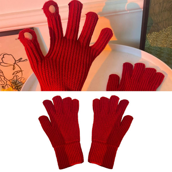 Vinterhandsker 2 Finger Eksponeret Design Akryl Fleece Ren Farve Lange Vinterstrikkede Handsker til Udendørs Indendørs Rød