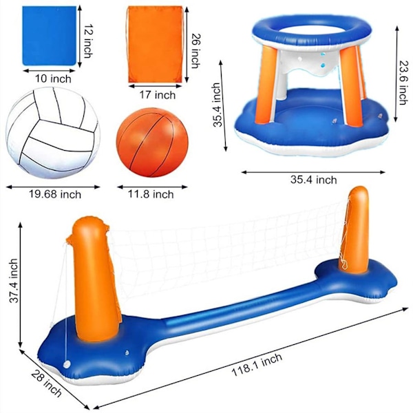 Uppblåsbar pool flytande set volleybollnät och basketkorgar flytande pool simning spel leksaker för barn och vuxna vattensporter set