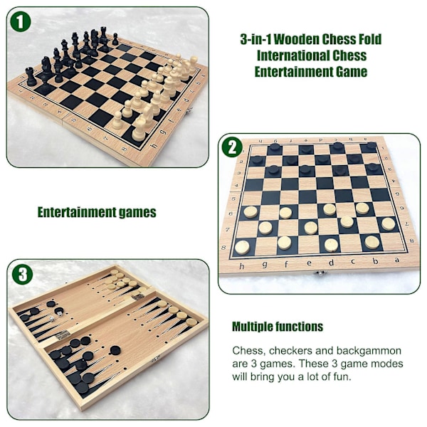 3-i-1 hopfällbart set i trä - Schack-, dam- och bruksspelset (39x39 cm)