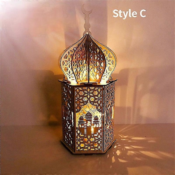 Eid Bordsdekoration i Trä Mubarak Muslimsk Trähantverk Eid Muslim Ramadan Fest Varmt Ljus Lykta Dekorationer (Stil C)