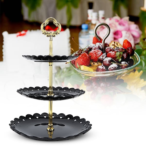 3-vånings fruktdessertdisplayställ Cupcake Cake Holder Födelsedagsfest Bröllop (Svart)