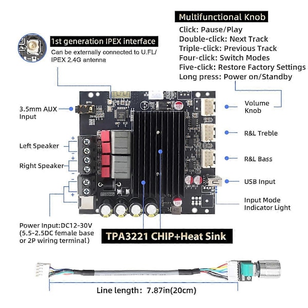 T100HS-W Effektforstærkerkort Bluetooth5.2 TPA3221 Chip 2.0 Kanal