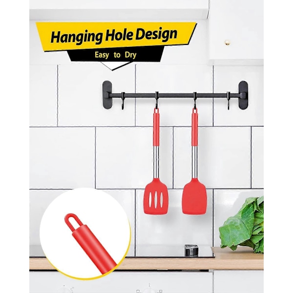 2-pak Kraftige Silikone Køkkenspatler, Non-Stick, Varmebestandige, BPA-fri, Ideelle til Fisk, Æg, Pandekager (Rød)