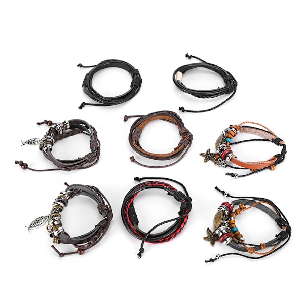 8 st läderarmband handvävda herr, flerlagers flätade retro punksmycken