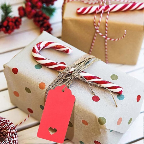 Lahjalaput Kraft-paperi, 9,5 x 4,5 cm, 100 kpl juuttinarulla, häihin, ystävänpäivään, syntymäpäivään, jouluun (Punainen)