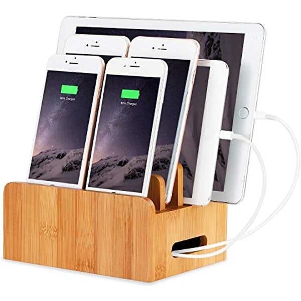 Flera enheter Bamboo Wood Organizer Stativ och Laddningsstation för iPhone 14/13/12/11 Pro Max XS och iPad Mini 4/5